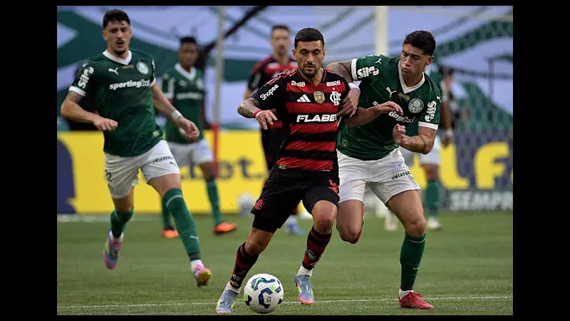 Cầu thủ của Palmeiras đang chống đỡ sức ép từ cầu thủ Flamengo trong trận đấu sôi động.
